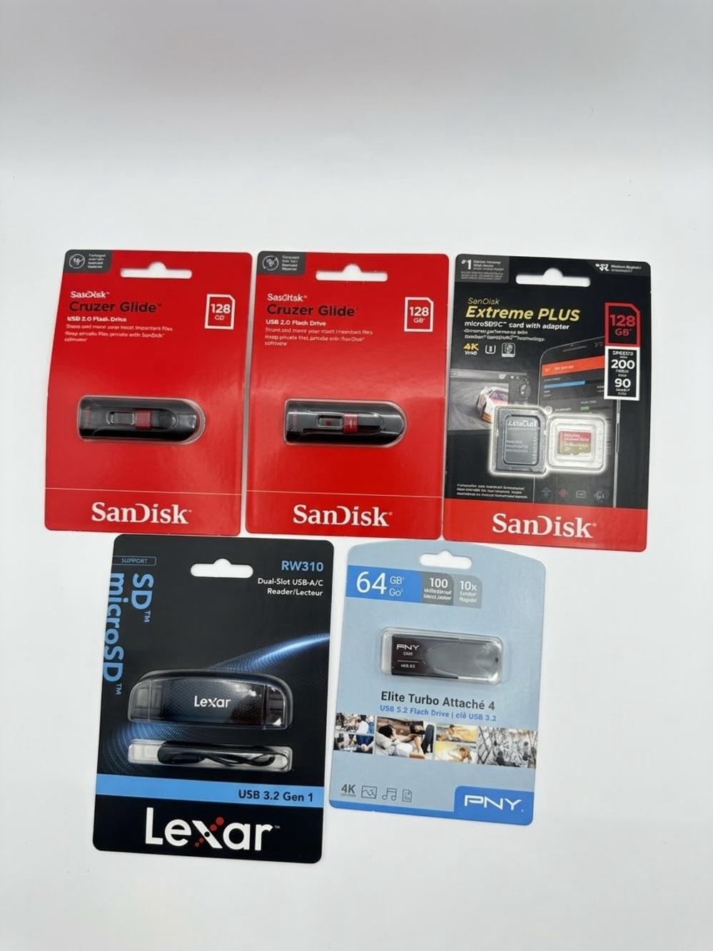 SanDisk PNY Lexar 5PC USB microSD Storage & Card Reader Bundle NEW